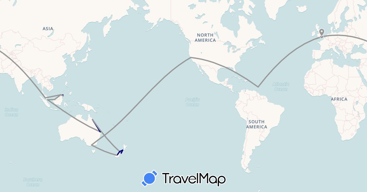 TravelMap itinerary: driving, plane in Australia, Barbados, United Kingdom, Malaysia, New Zealand, Singapore, United States (Asia, Europe, North America, Oceania)